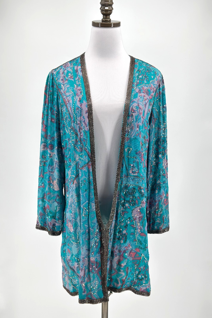 Vintage Lillie Rubin Blue Watercolor Floral Silk Sequin Jacket Sz S